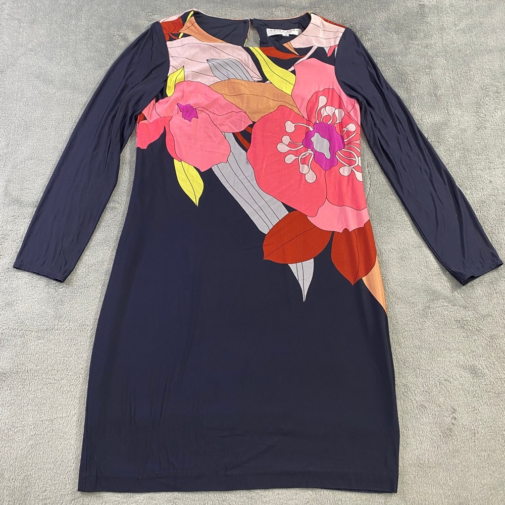Trina Turk Dress Size 4 Floral Print Navy Long Sleeve Luxury Made In USA
